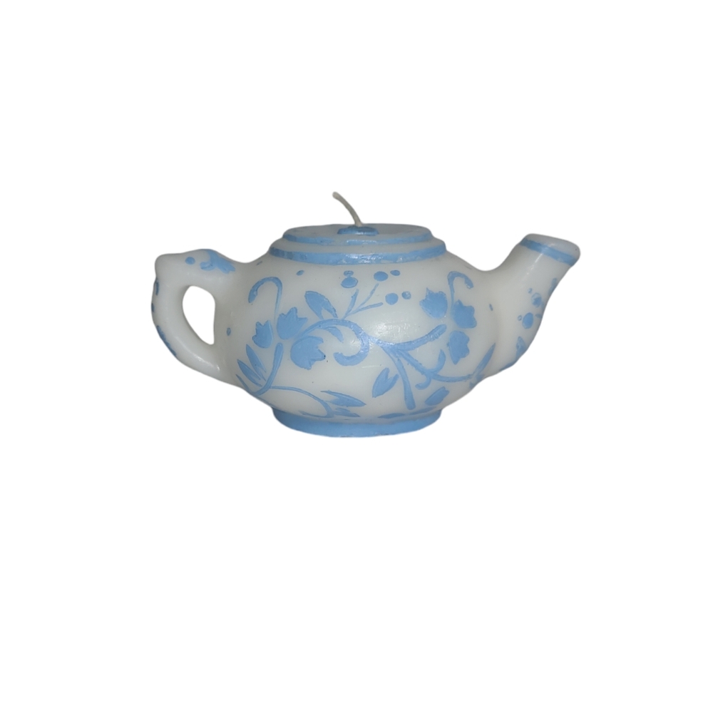 Vintage Teapot Wax Candle Blue Floral Flower Asian Style New Open Box - Picture 1 of 7